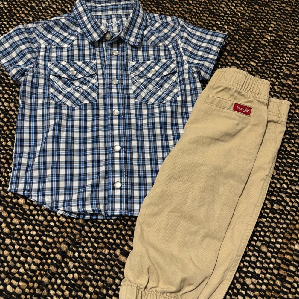 Wrangler Blue Plaid Button-Down Shirt 18mth with Khaki Wrangler pants 12mth
